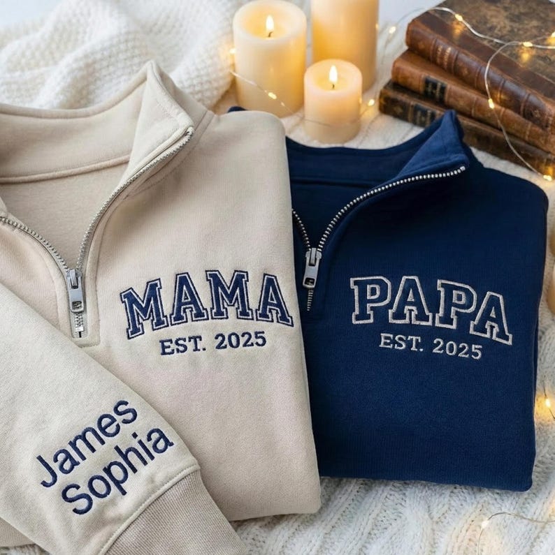 Custom Embroidered Mom and Dad Quarter Zip Sweatshirt | Mother's Day Gift