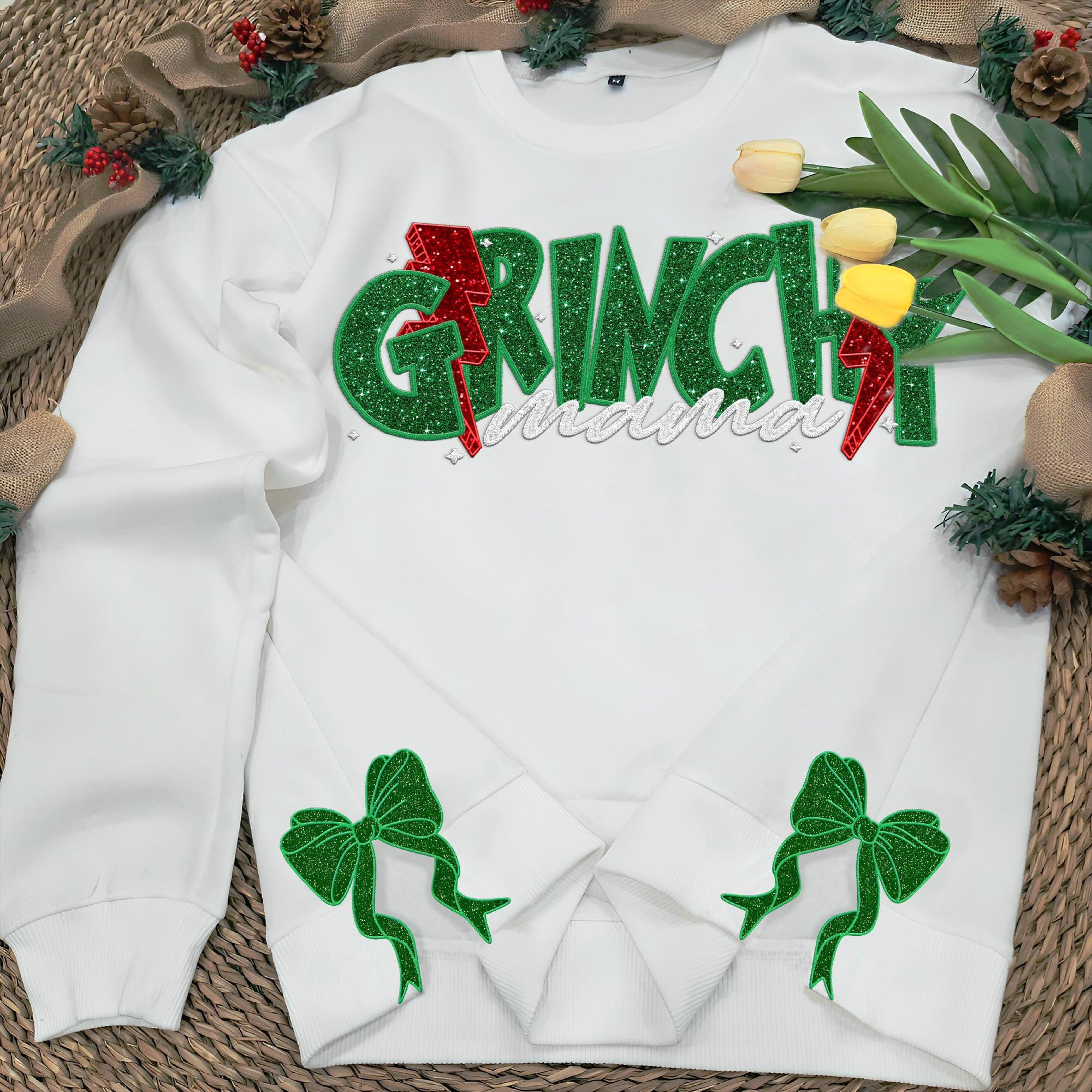 Custom Embroidered Glitter Side Bow Cut-Out Grinchy Christmas Mama Sweatshirt | Christmas Gift for Mom