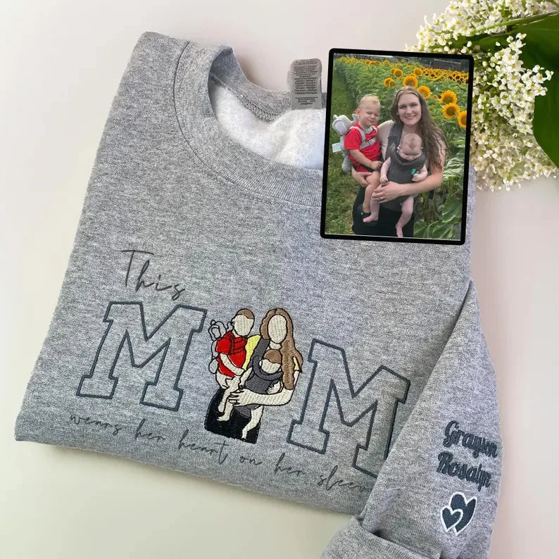 Mom Wears Her Heart on Her Sleeves - Custom Embroidered Photo Mama Sweatshirt | Mother's Day Gift