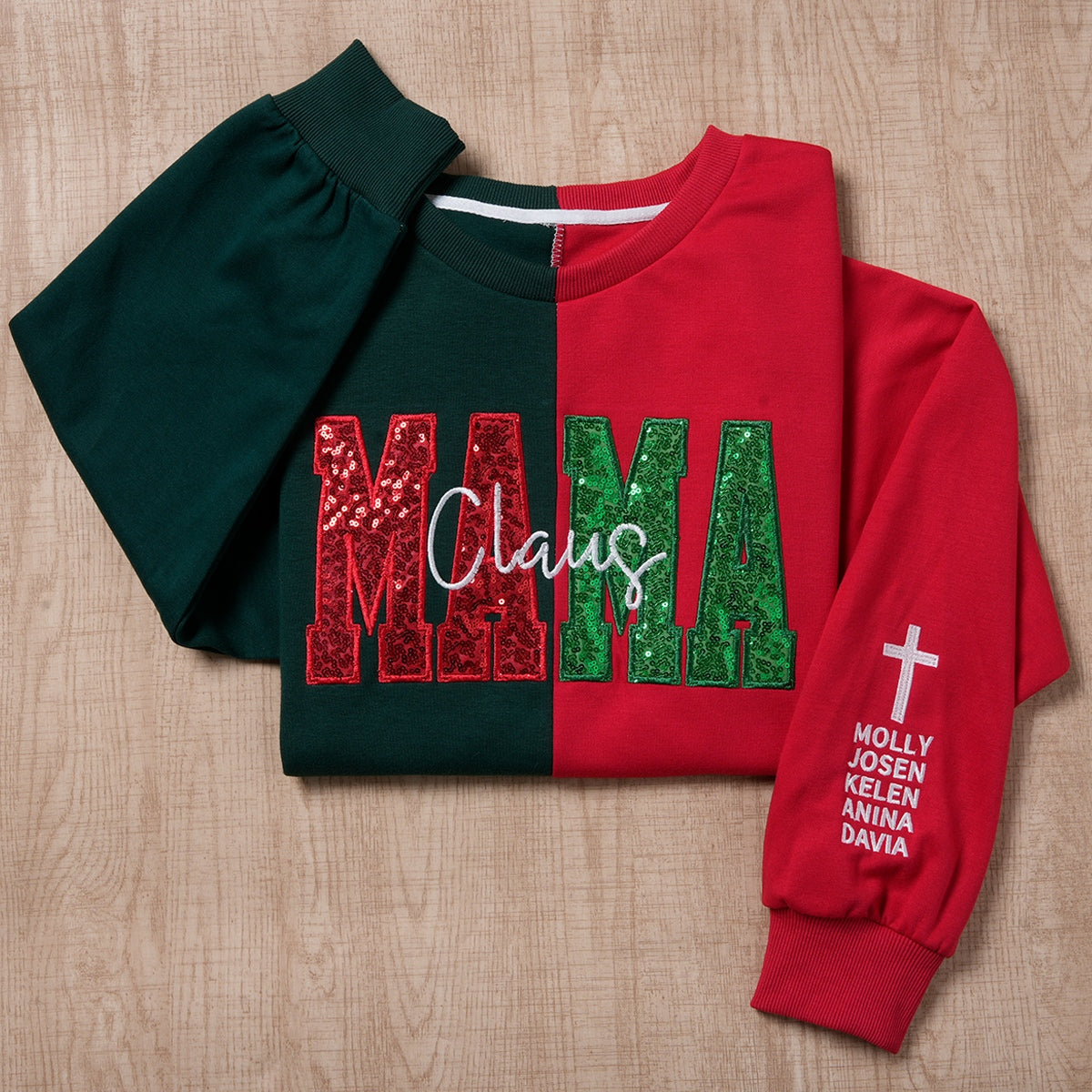Custom Two Tone Sequins Mama Sweatshirt Christmas Split Fashion Embroidered Hoodie