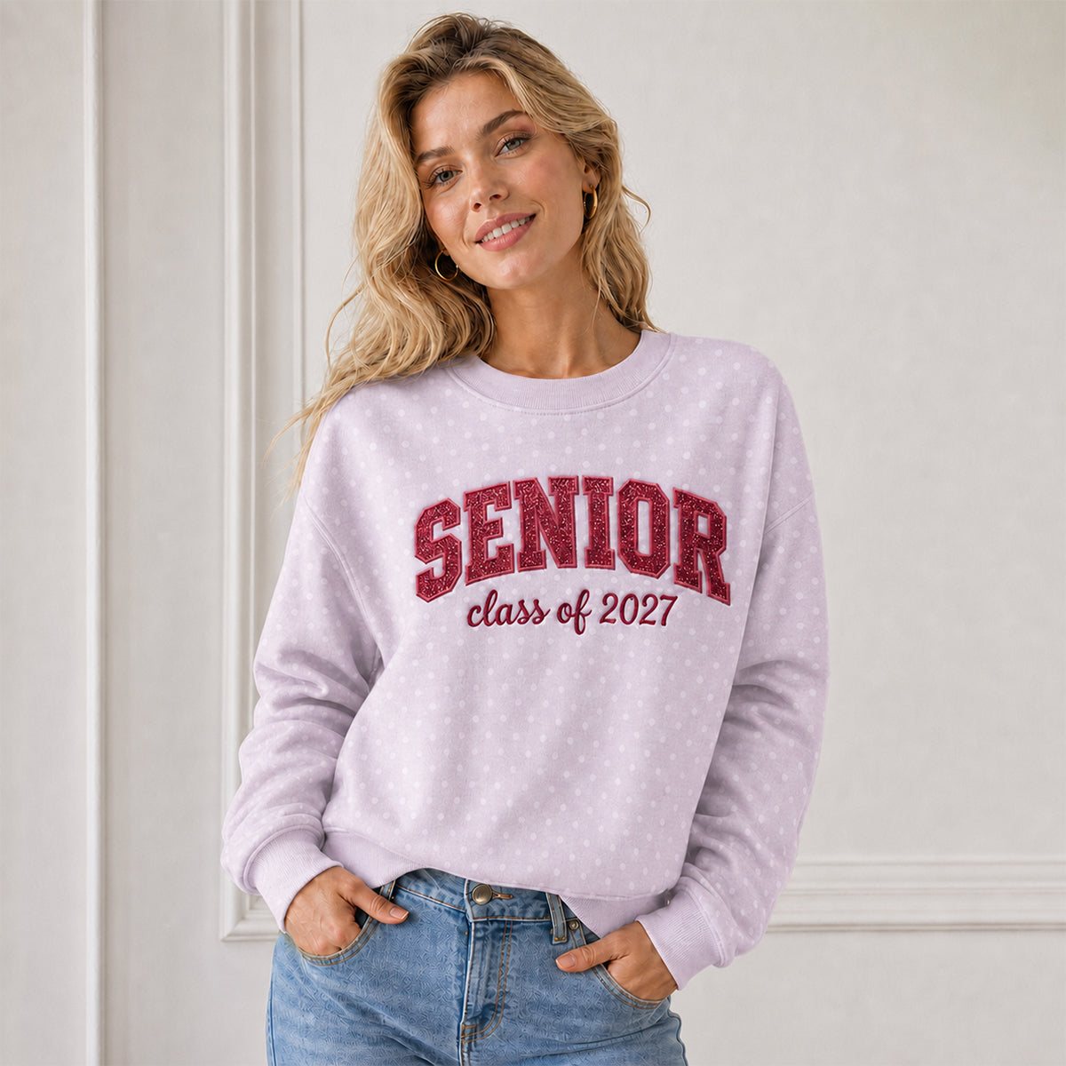 Personalized Polka Dot Senior Sweatshirt – Class of 2027 Glitter Crewneck with Custom Name Sleeve