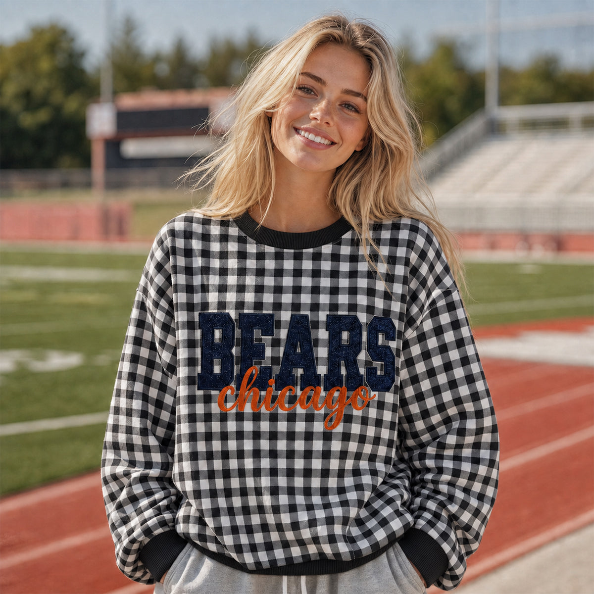 Custom Gingham Team Spirit Sweatshirt - Personalized Glitter Vinyl NFL Football Fan Shirt - Game Day Gingham Top for Sports Mom