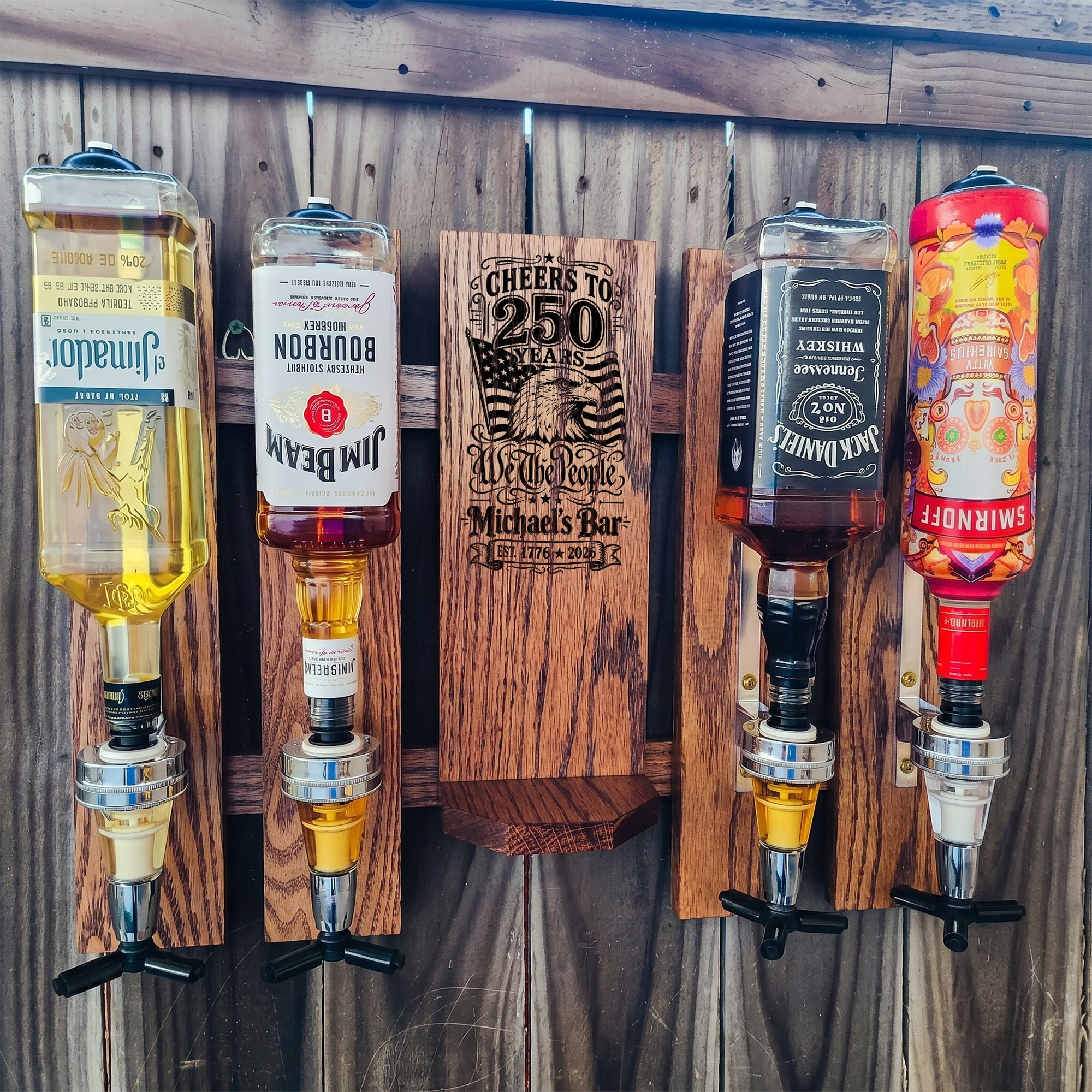 Cheers to 250 Years Wall-Mounted Liquor Dispenser – We The People Design – Personalize with Your Bar Name – Est. 1776 - 2026 | USA 250th Anniversary Gift