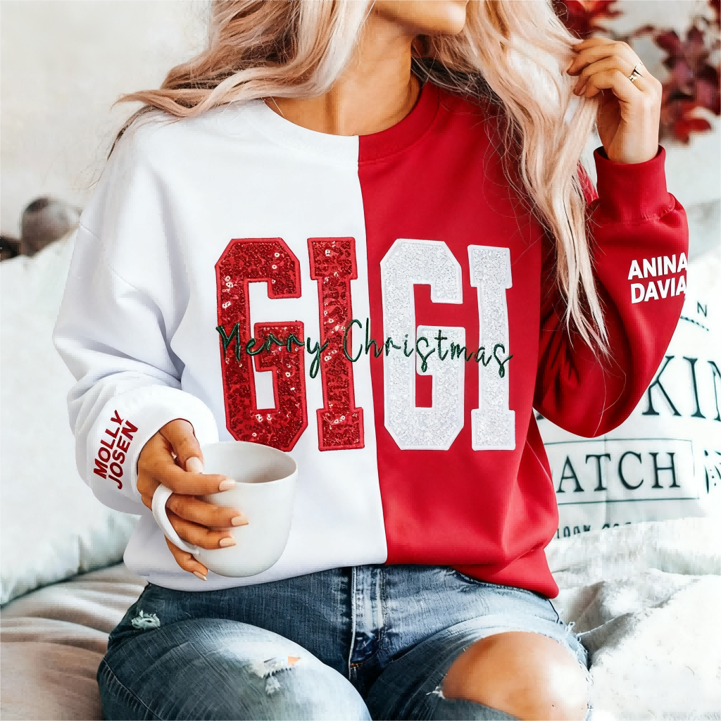 Custom Two Tone Sequins Gigi Sweatshirt Christmas Split Fashion Embroidered Hoodie