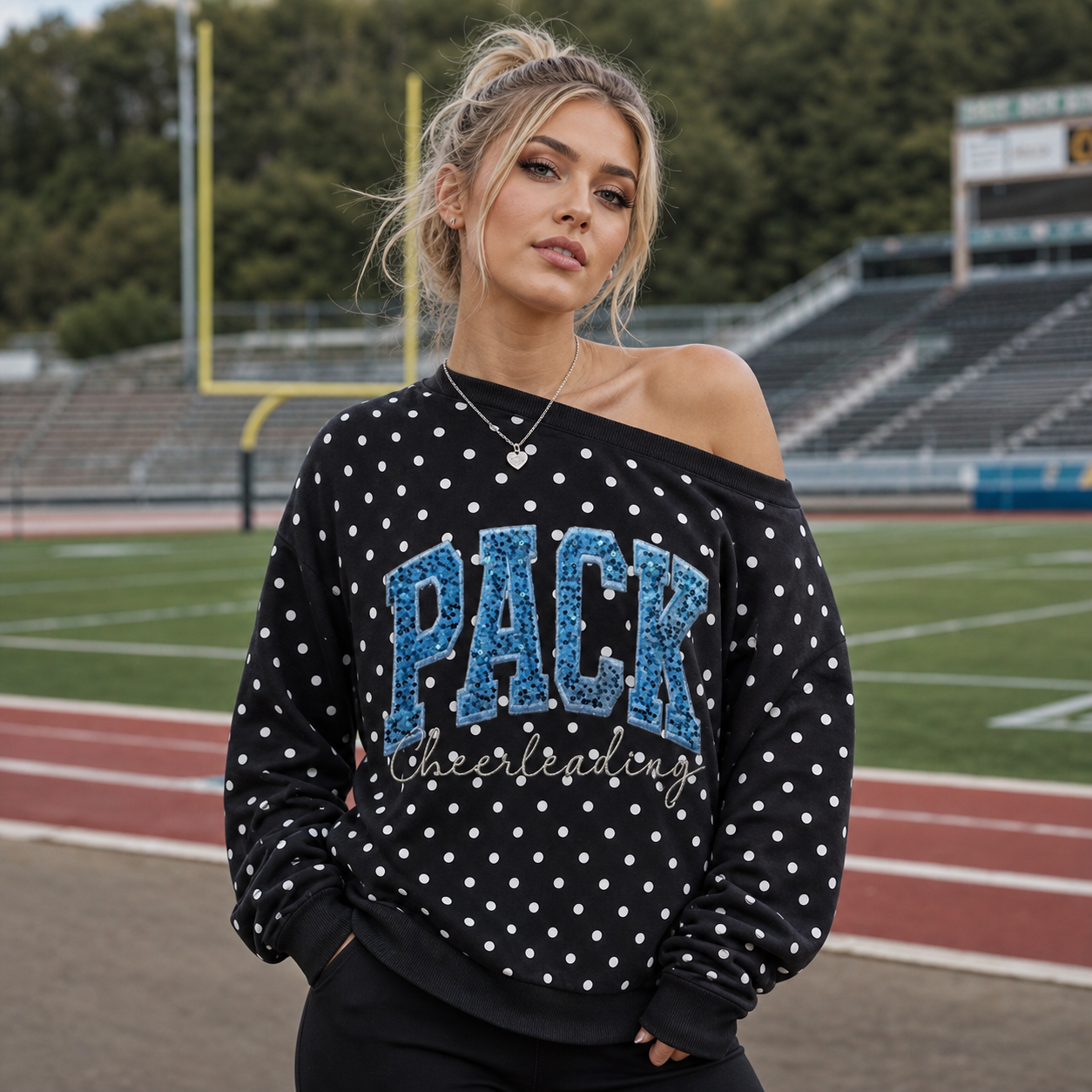Custom Sequin Name or Team Off-Shoulder Polka Dot Sweatshirt – Personalized Glitter Letters| Gifts for Sports Mom | Game Day Wear