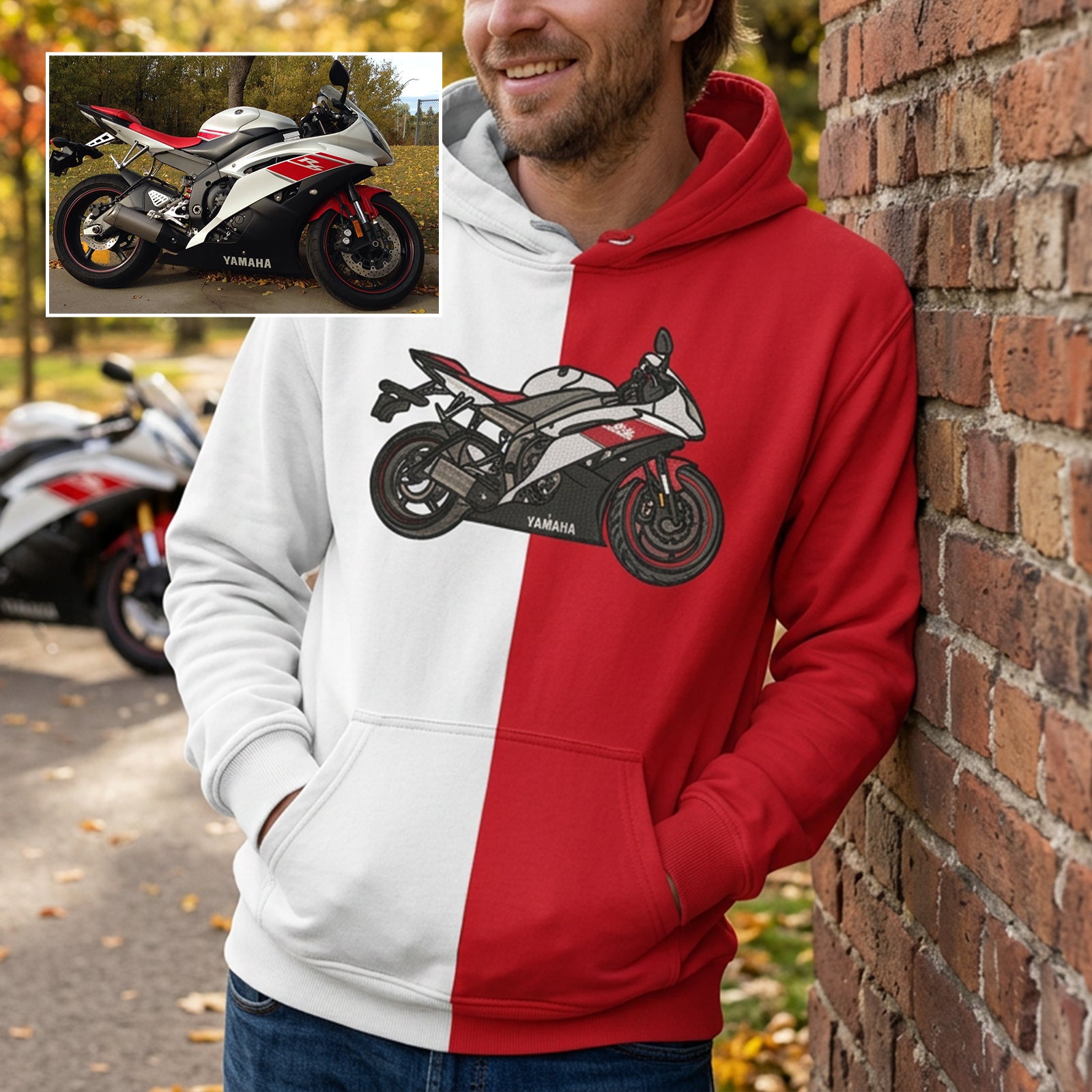 Custom Motorcycle Embroidered Two-Tone Hoodie– Personalized Bike Design 🏍️