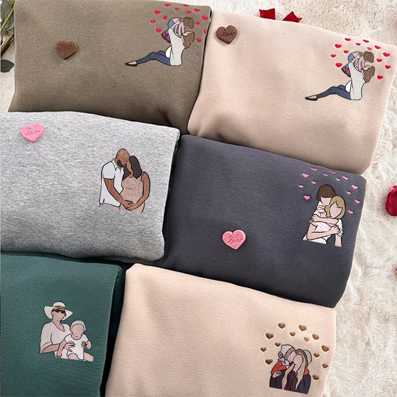 Custom Embroidered Portrait Sweatshirt from Photo – Heartfelt Background, Perfect Mom Gift, Couple Gift