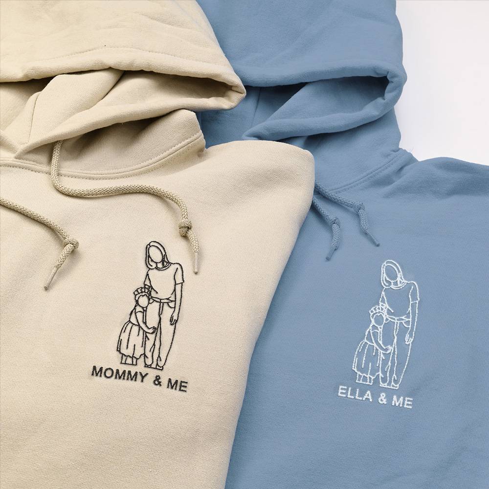 Custom Photo Outline Art Embroidered Mom Hoodie Sweatshirt/T-shirt-Gift for Mom