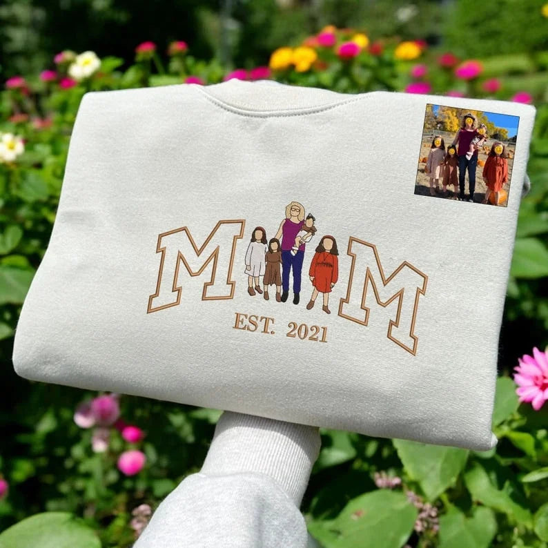 Custom Embroidered Photo Mum and Kids Portrait Sweatshirt, Mother's Day Gifts