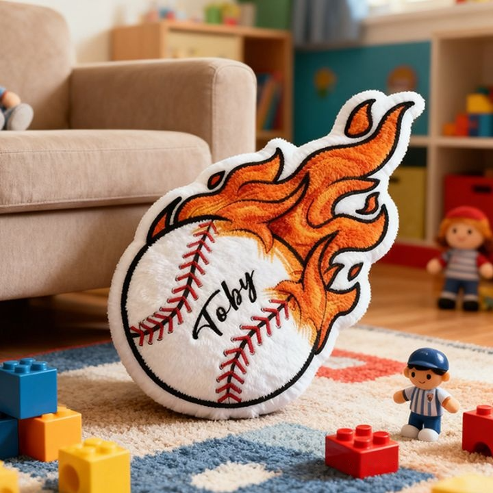 Personalized Baseball Flame Pillow with Custom Name for Sports Lovers and Kids