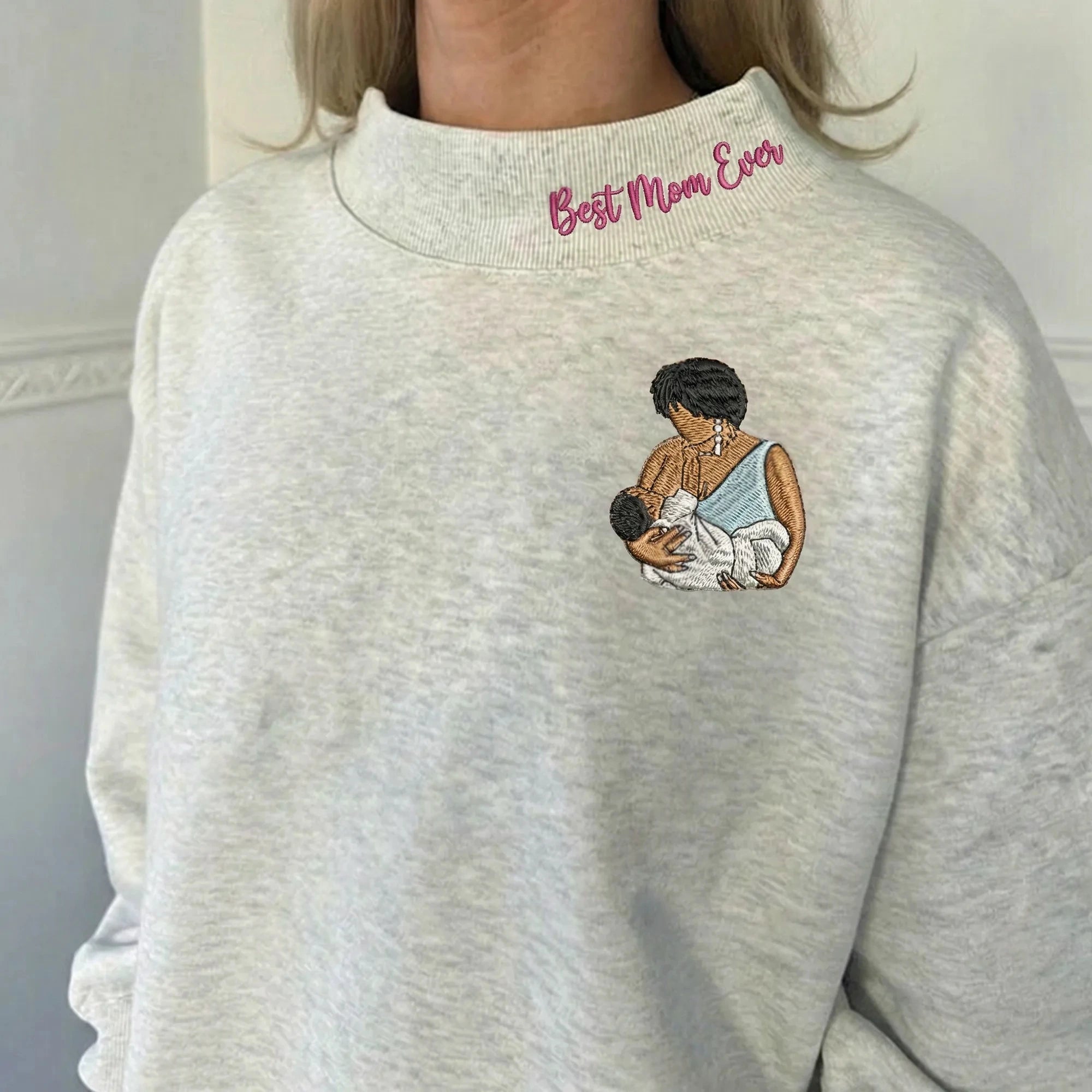 Custom Mom Portrait Embroidered Stand Collar Sweatshirt – Personalized Photo Embroidery Pullover, Washed Cotton Mother’s Day Gift for Mom & Grandma | Mother's Day Gift