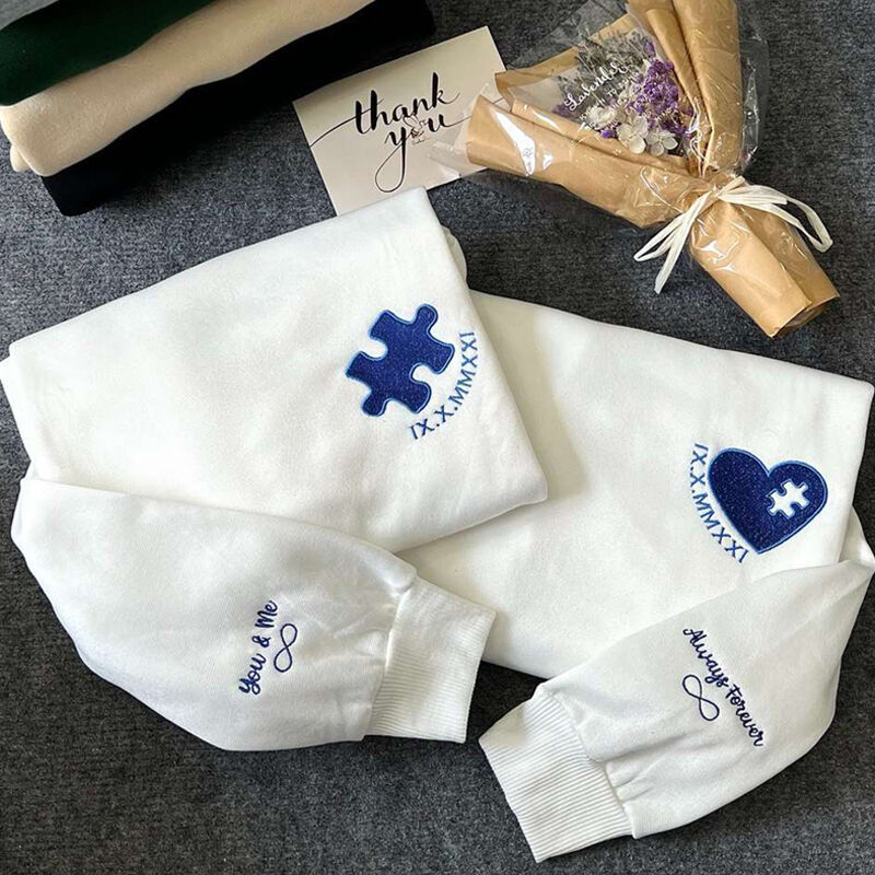 Custom Heart and Puzzle with Roman Numeral Embroidered Sweatshirt | Matching Couple Hoodie Anniversary Gift | Gift for Girlfriend