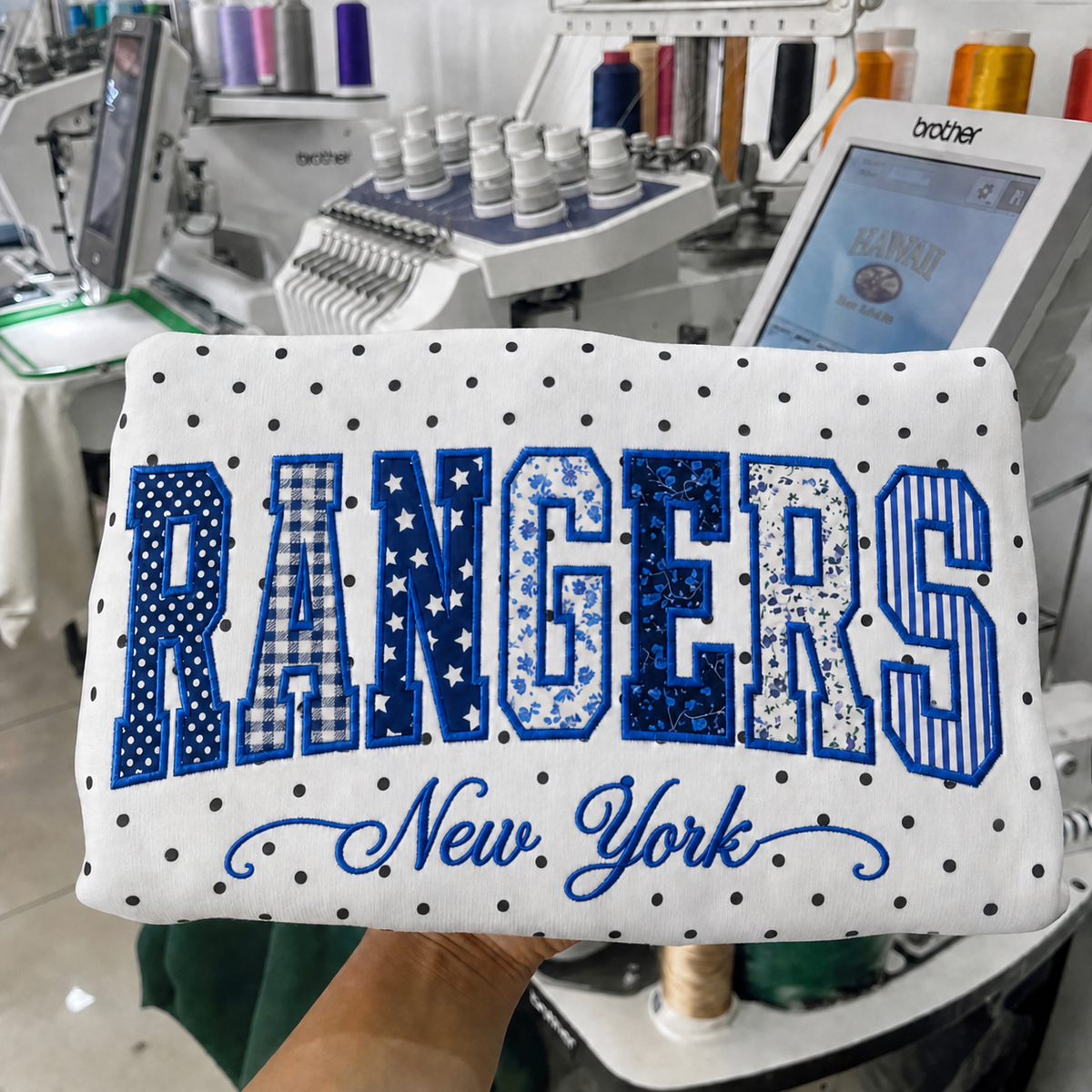Custom Patchwork Fabric Embroidered Polka Dot Hockey Sweatshirt Team and School Name Applique Varsity Letters | Game Day Wear