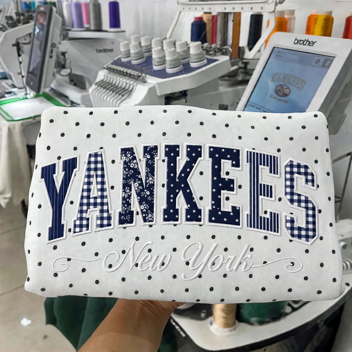 Custom Embroidered Patchwork Mix Fabric Baseball Team Polka Dot Sweatshirt | Game Day Wear