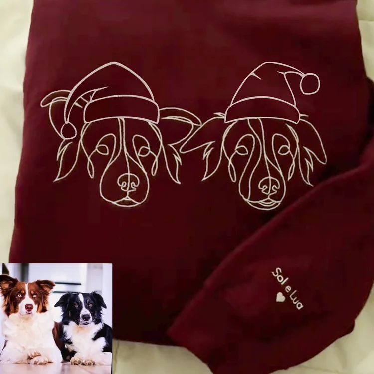 Custom Christmas Pet Face Sketch Embroidered Hoodie With Santa Hat | for Pet Lover