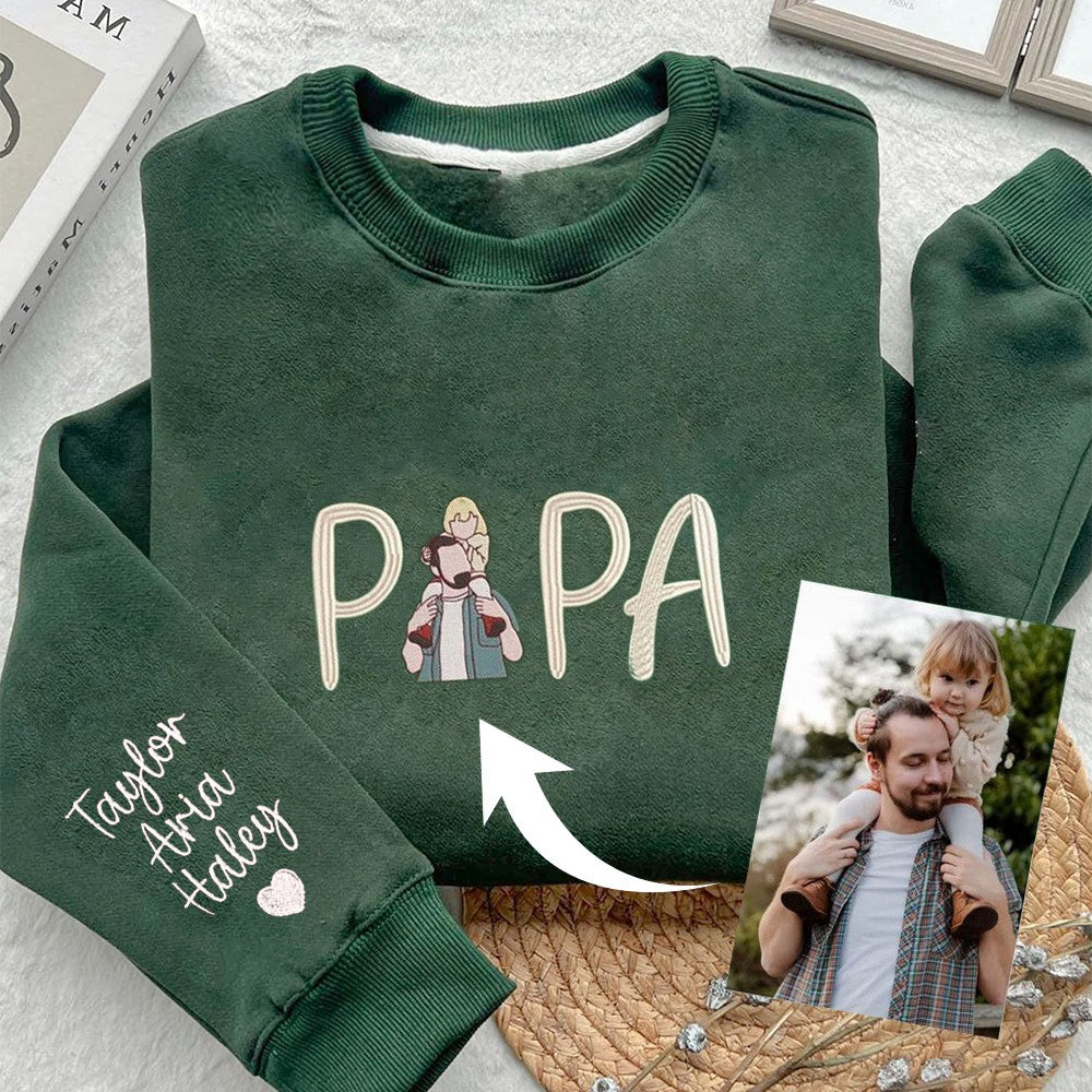 Custom Papa Photo Embroidered Sweatshirt Hoodie With Kids Names For Father's Day