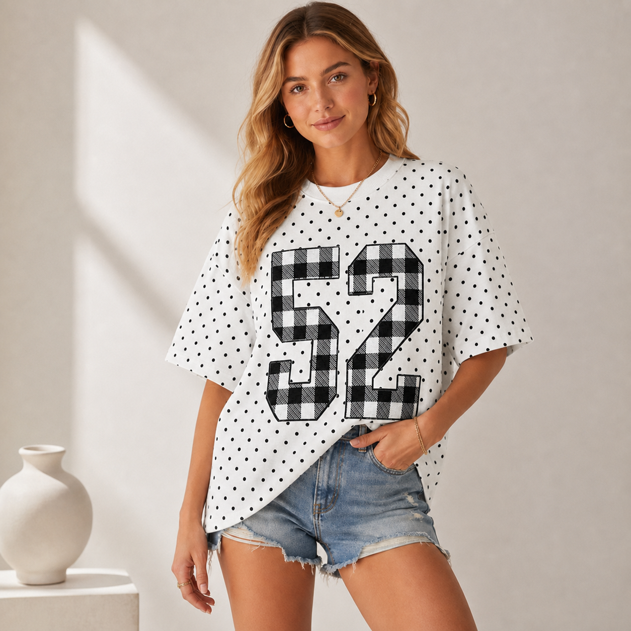 Custom Gingham Applique Embroidered Number or Letter Sport Team Polka Dot T-shirt | Game Day Wear