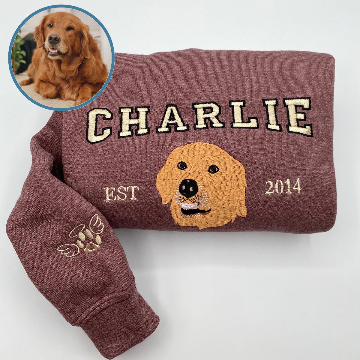 Custom Full-Color Varsity Dog Face Embroidered Sweatshirt | Gift For Pet Lovers