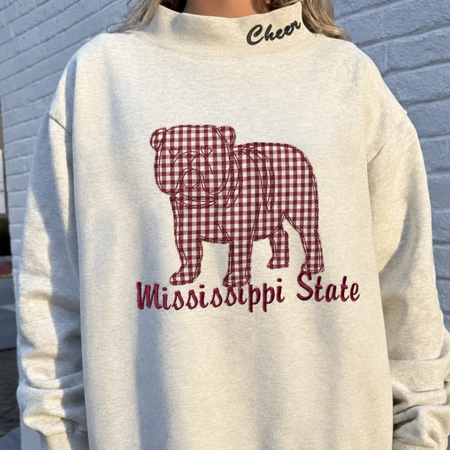 Custom Mascot Applique Mockneck Sweatshirt Applique Embroidered Side Bow Pullover