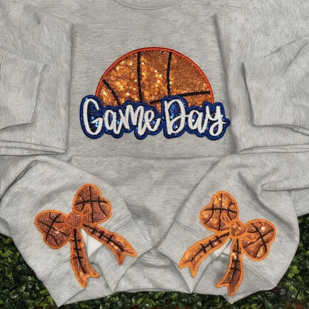 Personalized Basketball Game Day Sweatshirt with Side Bows Basketball Mom Embroidered Sweatshirt