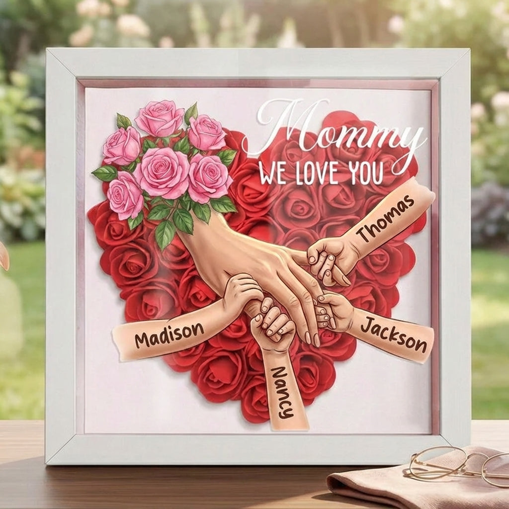 "Pink Roses"-Personalized Mom Holding Hands Shadow Box-Mother's Day Remembrance Frame, In Loving Memory Gift