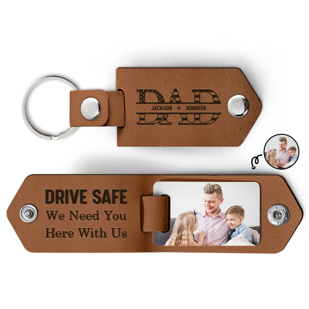Custom Photo Dad Drive Safe With Kids Names - Personalized Leather Photo Keychain For Dad