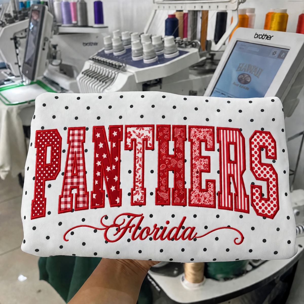 Custom Hockey Team Patchwork Embroidered Polka Dot Sweatshirt | Hockey Fan Game Day Gear