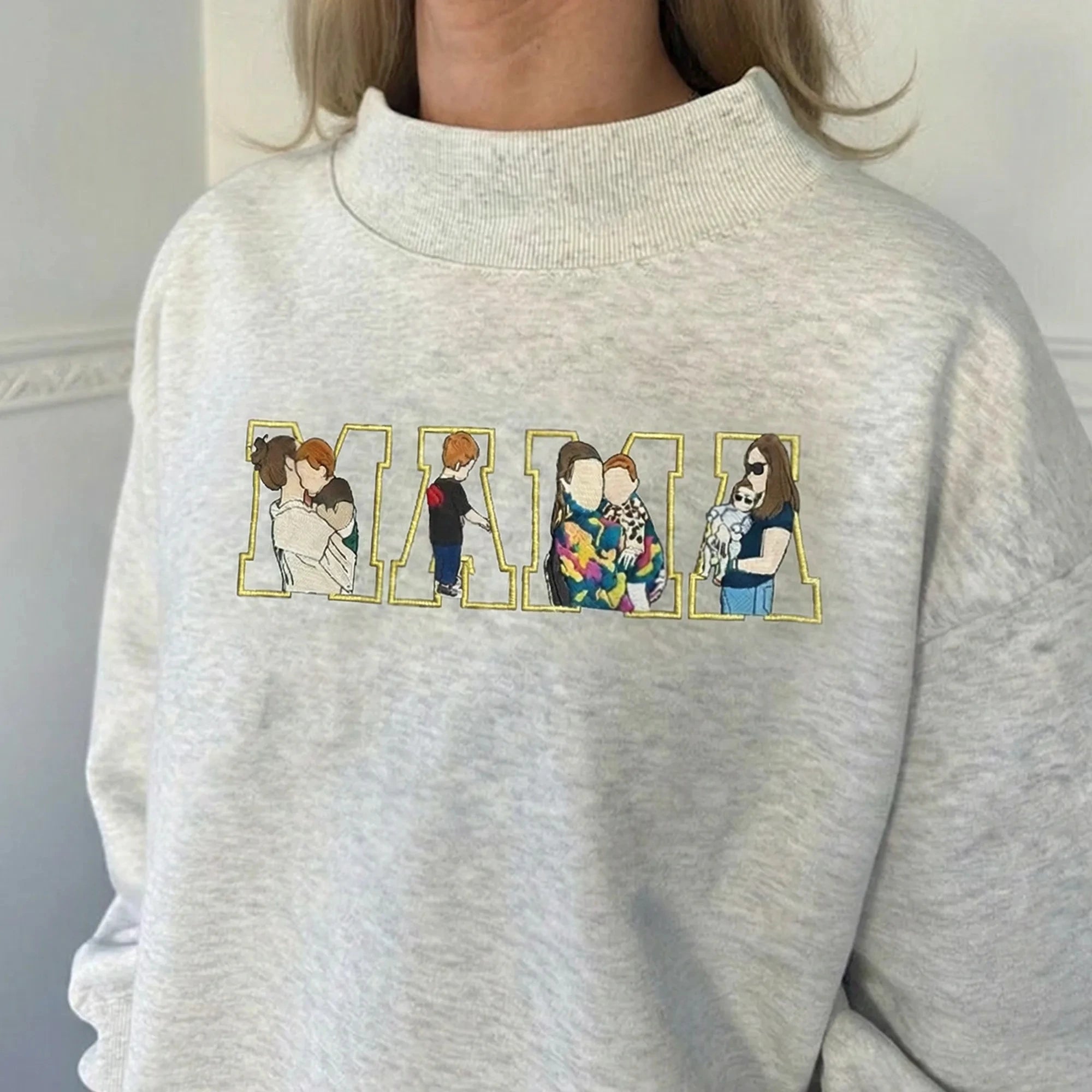 Custom MOM Portrait Embroidered Stand Collar Sweatshirt – Personalized Multi Photo Letter Pullover, Washed Cotton Mother’s Day Gift | Mother's Day Gift