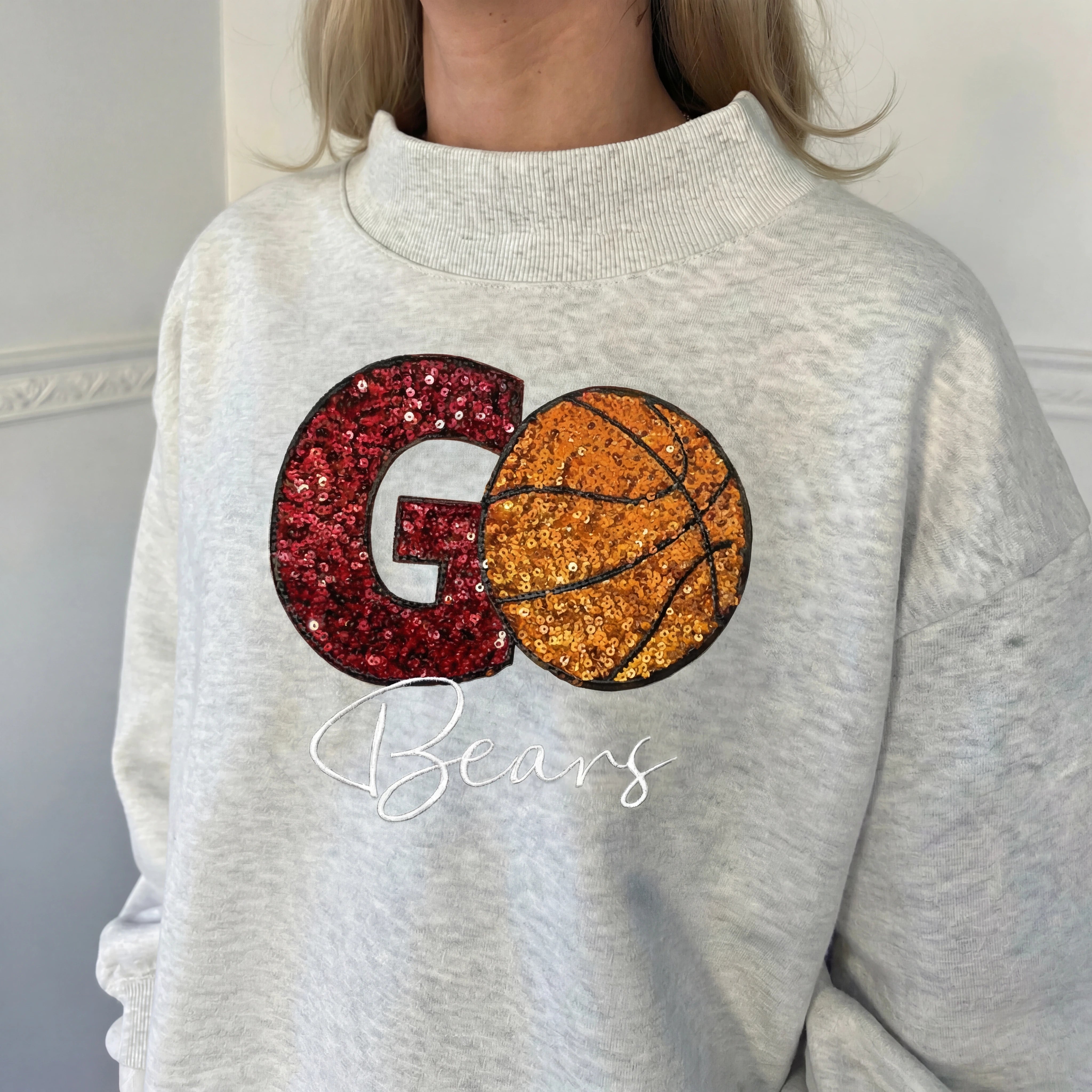 Custom Game Day Basketball Mockneck – Sequin Varsity Letter Mockneck Sweatshirt