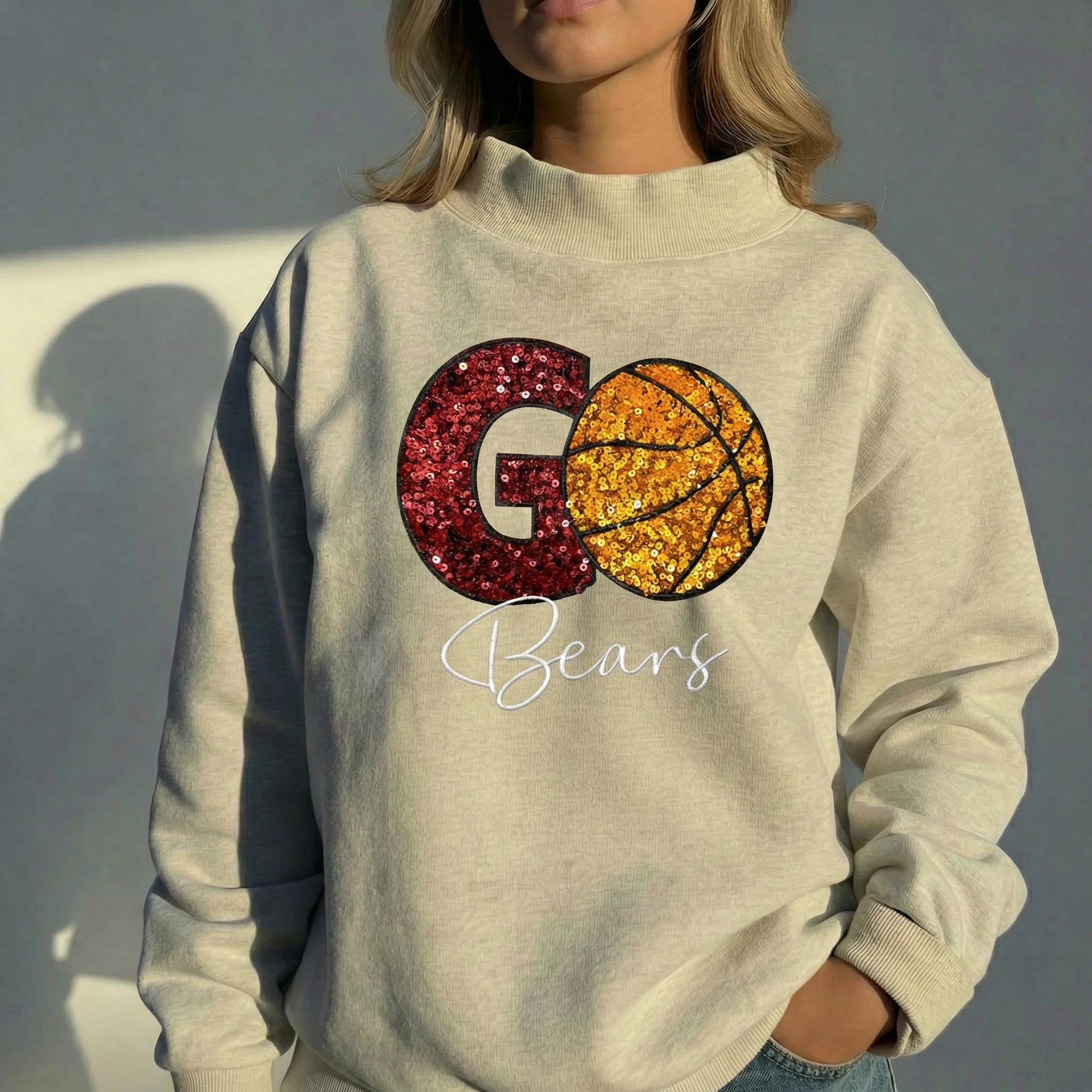 Custom Game Day Basketball Mockneck – Sequin Varsity Letter Mockneck Sweatshirt