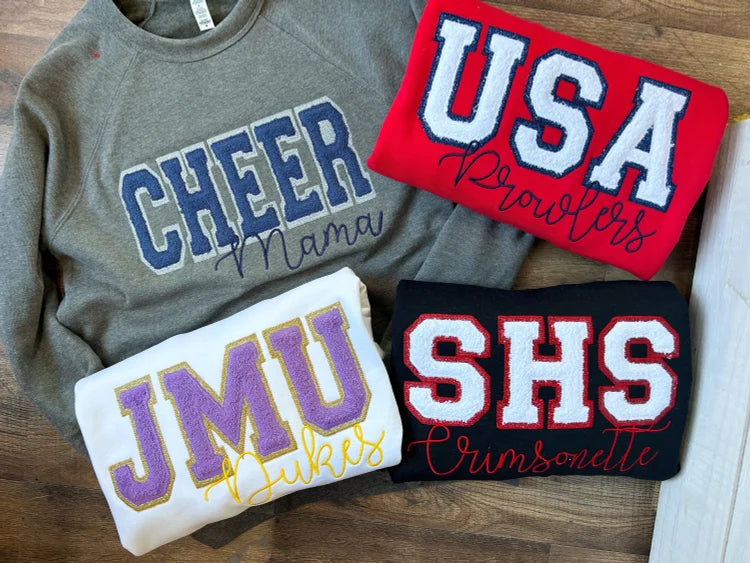 Custom Embroidered Applique Glitter University Varsity Sweatshirt