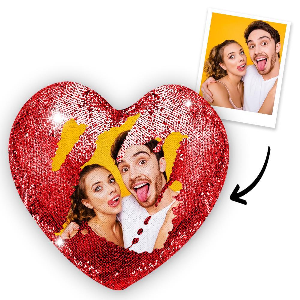 Custom Love Heart Photo Magic Sequin Pillow Multicolor Shiny