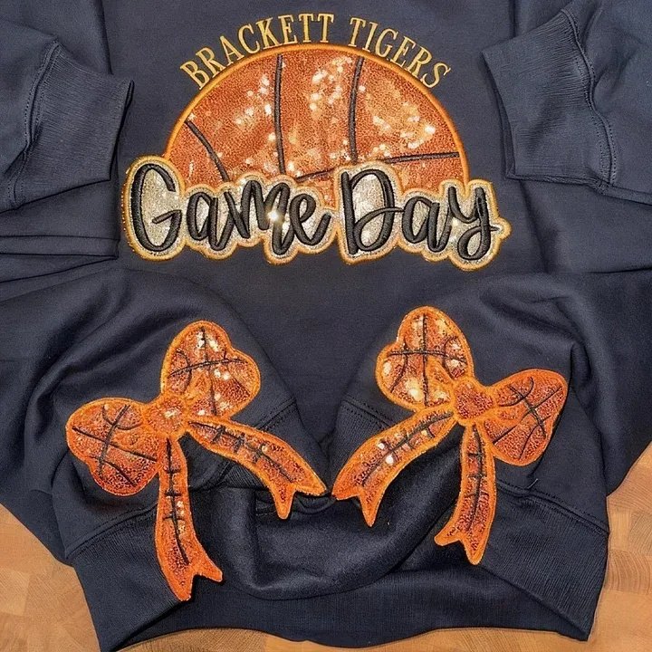 Personalized Basketball Game Day Sweatshirt with Side Bows Basketball Mom Embroidered Sweatshirt