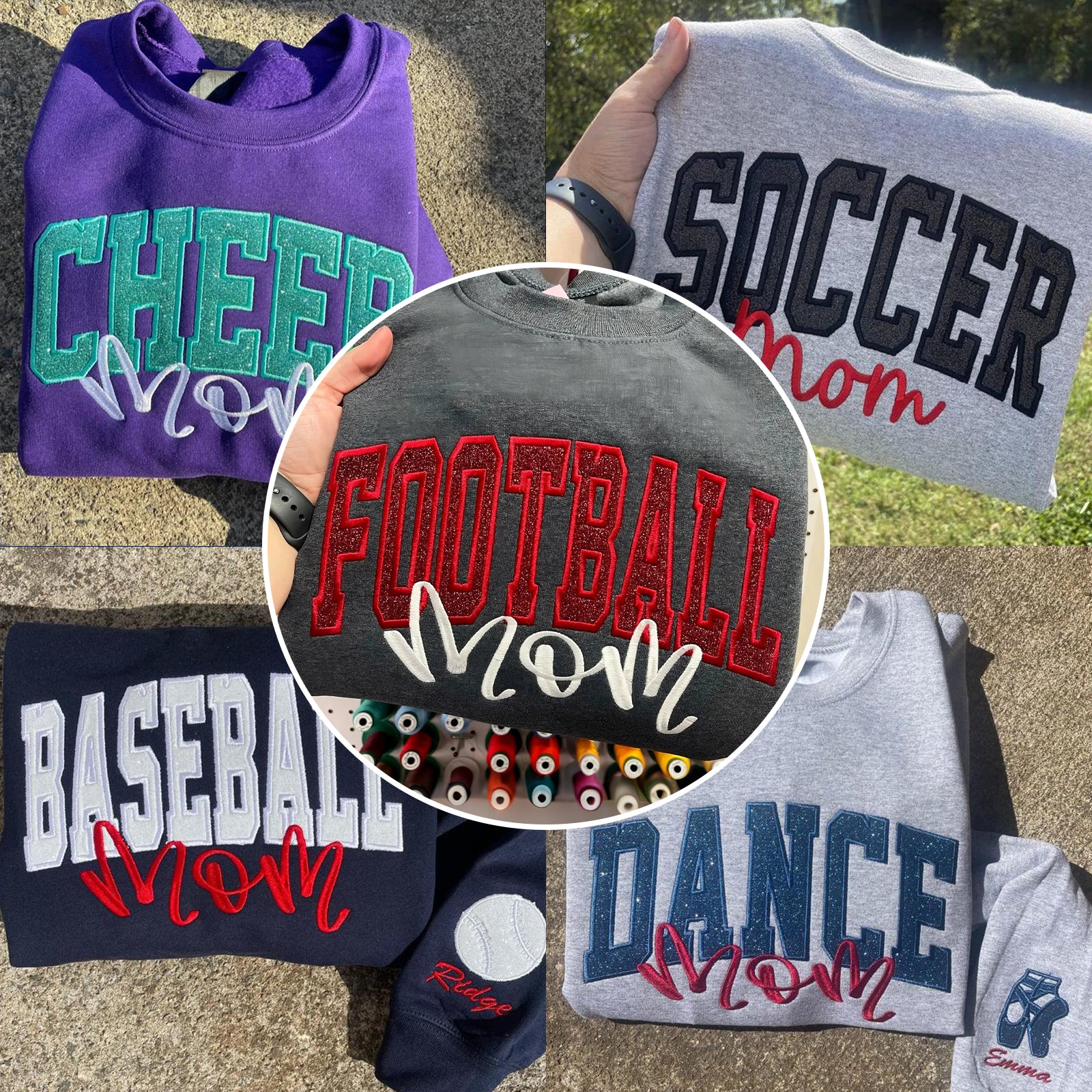 Custom Personalized Glitter Embroidered Sports Mom Sweatshirt | Cheer Mom Game Day Gifts
