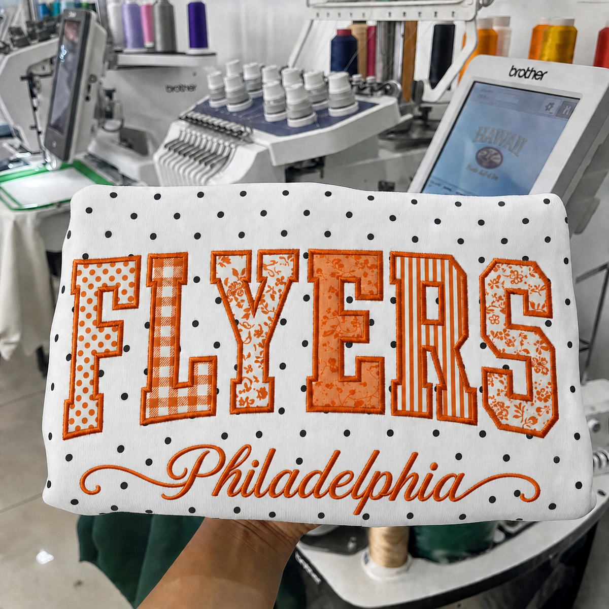 Custom Hockey Team Patchwork Embroidered Polka Dot Sweatshirt | Hockey Fan Game Day Gear