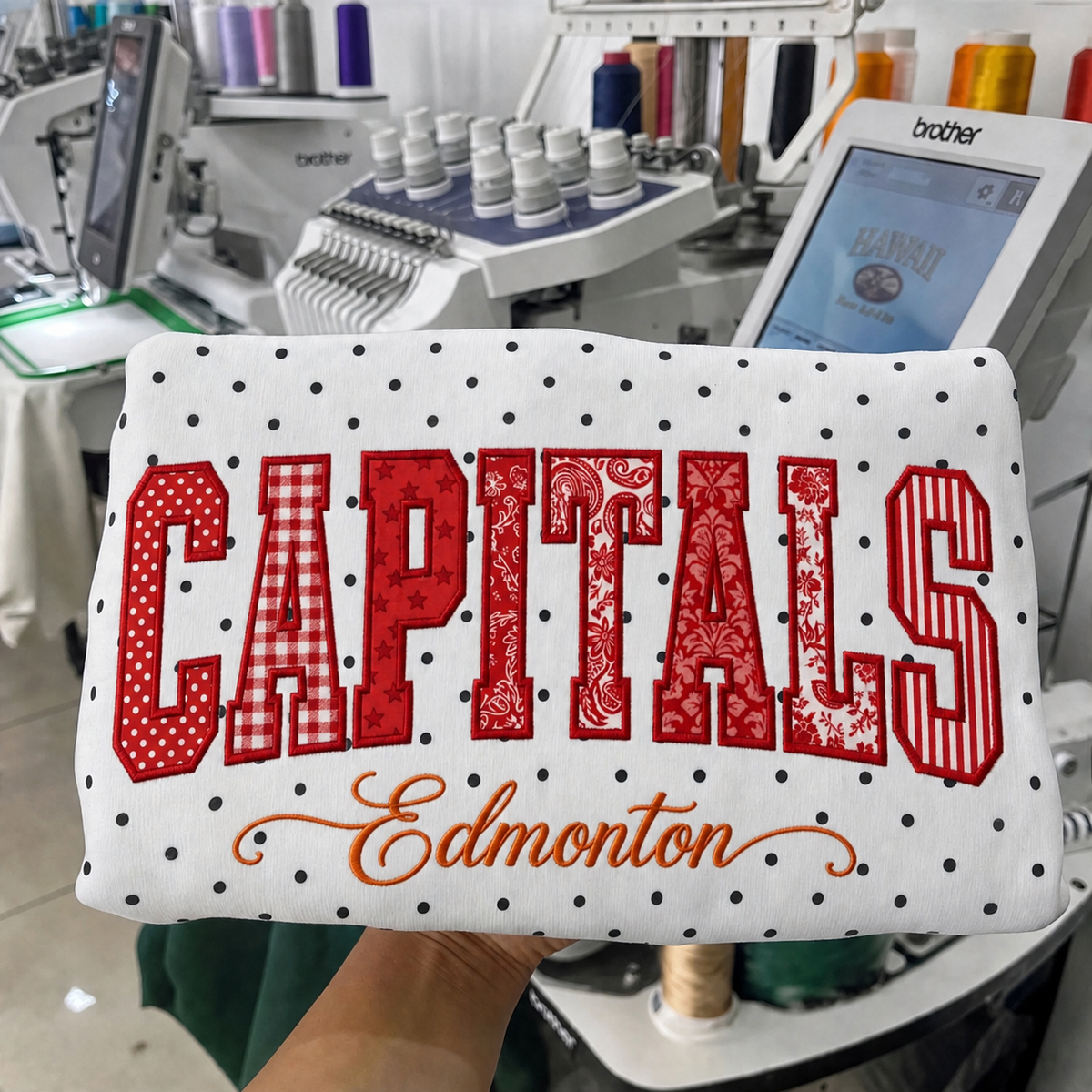 Custom Hockey Team Patchwork Embroidered Polka Dot Sweatshirt | Hockey Fan Game Day Gear