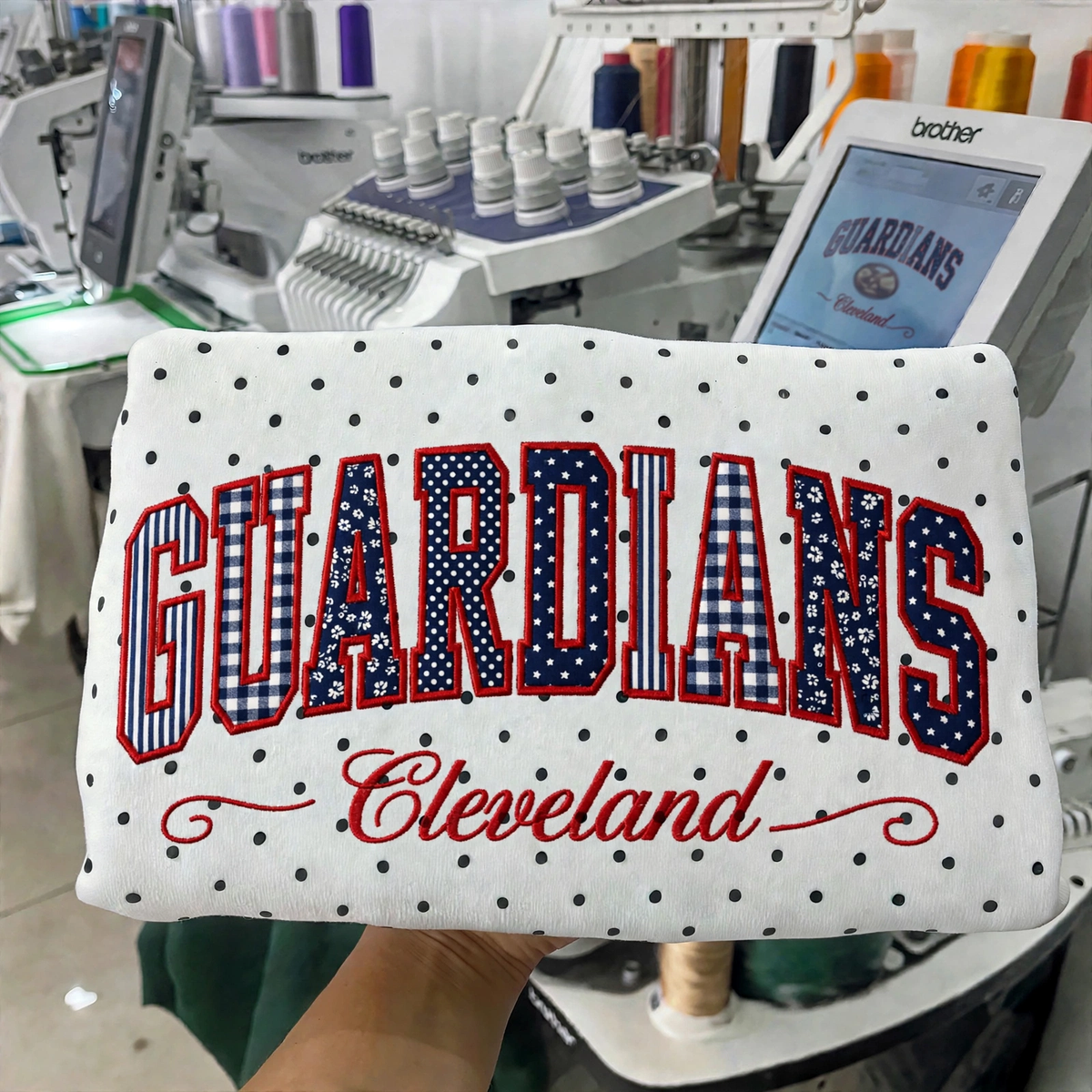 Custom Embroidered Patchwork Mix Fabric Baseball Team Polka Dot Sweatshirt | Game Day Wear