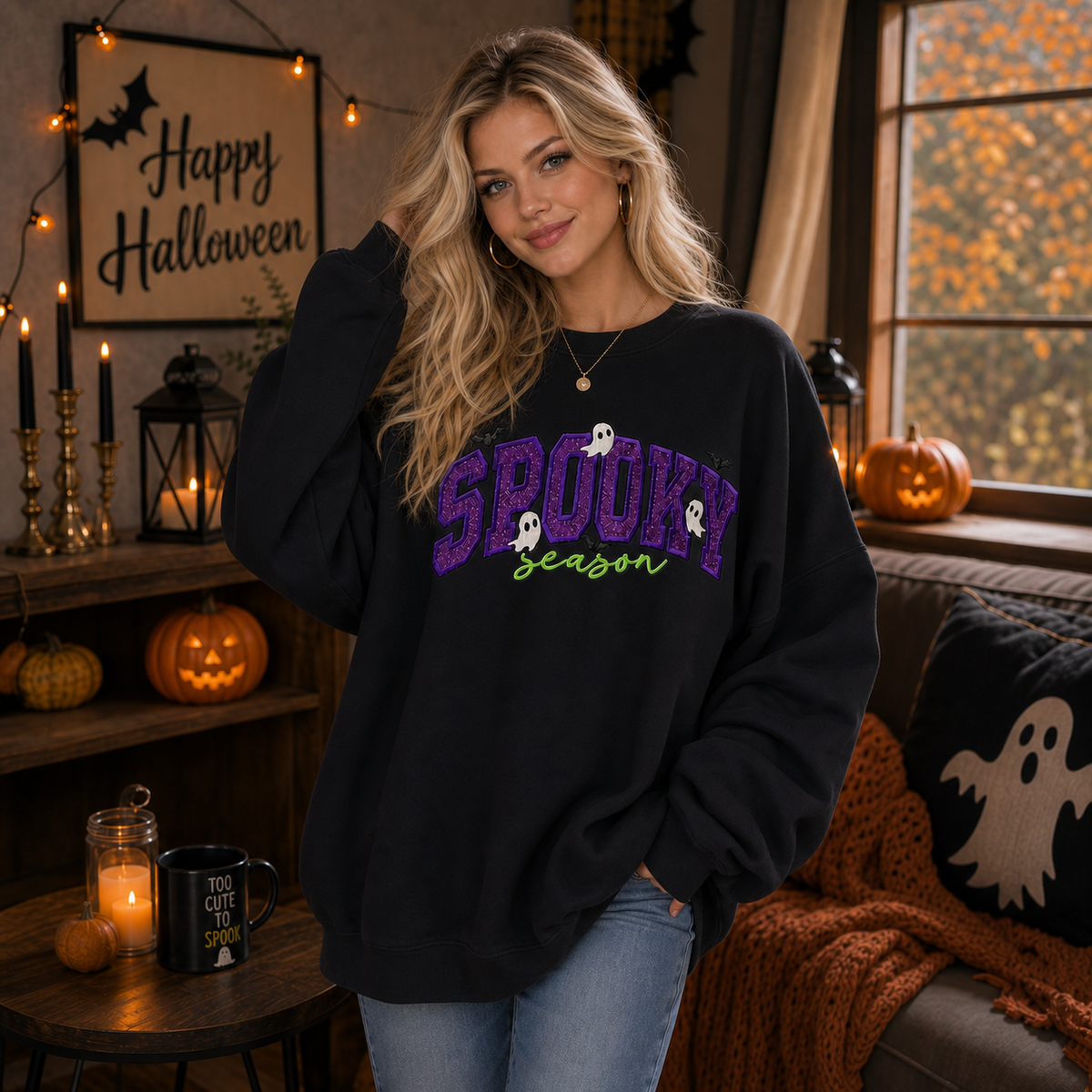 Custom Glitter SPOOKY Sweatshirt Personalized Embroidered Halloween Ghost Family Crewneck