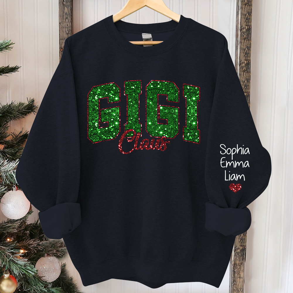 Custom Sequin Applique Embroidered Gigi Claus Green Christmas And Kids name Sweatshirt