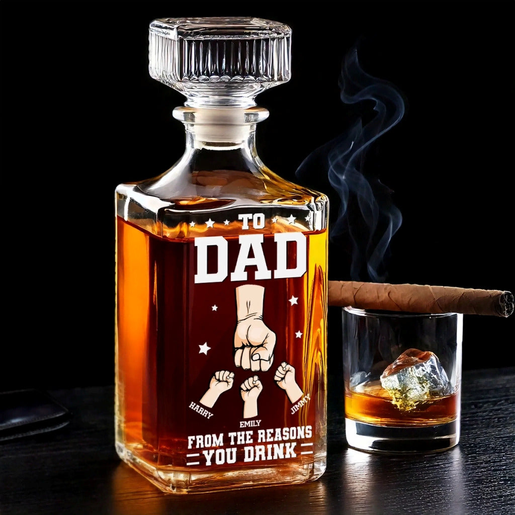 From The Reason You Drink - Family Personalized Custom Glass Whiskey Bottle - Father's Day, Gift For Dad, Grandpa