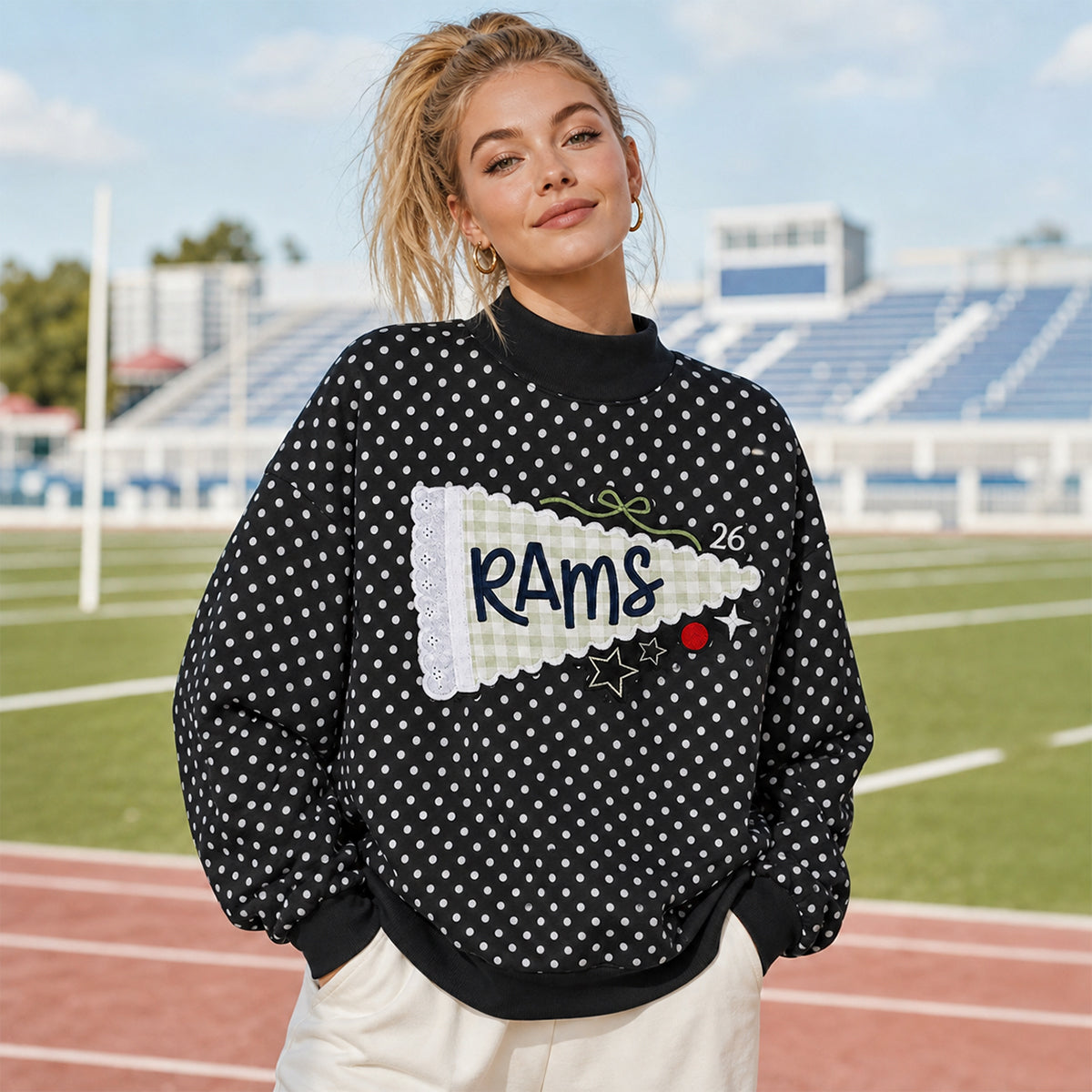 Custom Pennant Mock Neck Sweatshirt – Polka Dot Gingham Lace Applique Game Day Pullover | Game Day Wear