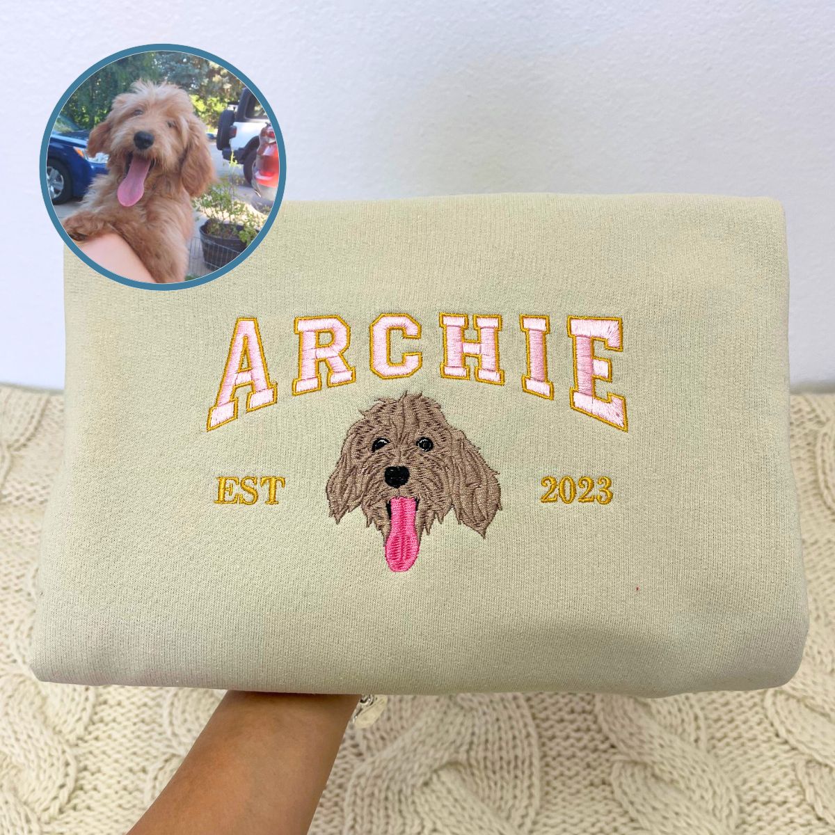 Custom Full-Color Varsity Dog Face Embroidered Sweatshirt | Gift For Pet Lovers