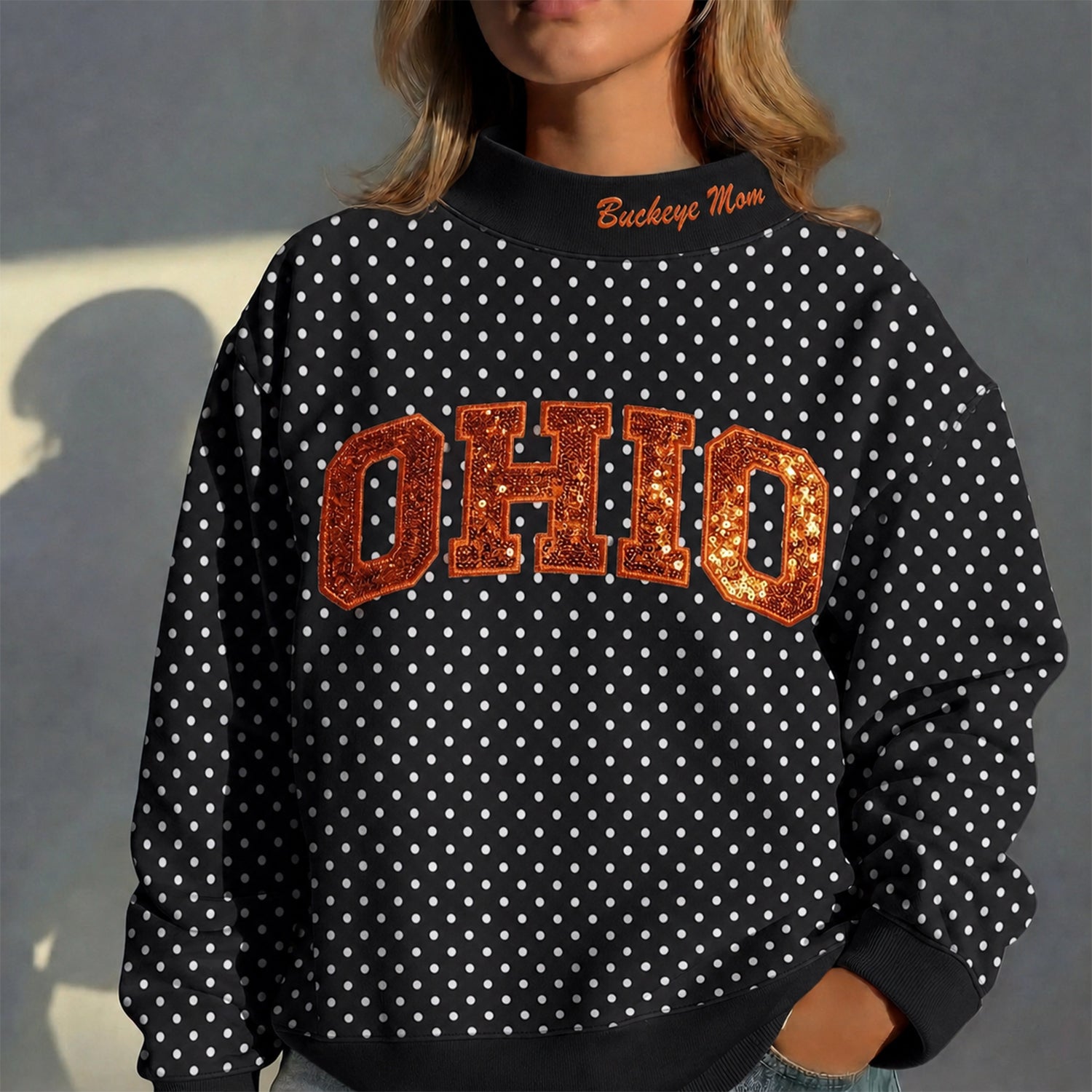 Custom Mockneck Sequin Team Name Polka Dot Mockneck – Stand-up Collar | Gifts for Sports Mom | Game Day Wear