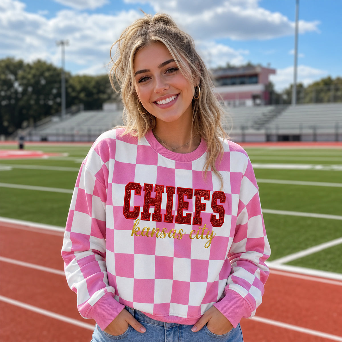 Custom Checkered Team Spirit Hoodie & Tee – Glitter Vinyl Personalized Game Day Gear