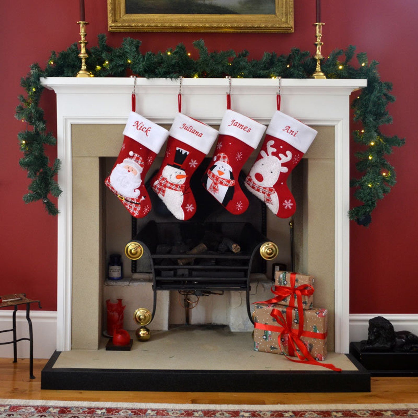 Personalized embroidered Christmas plush large stockings featuring Santa Claus/snowman/penguin/reindeer