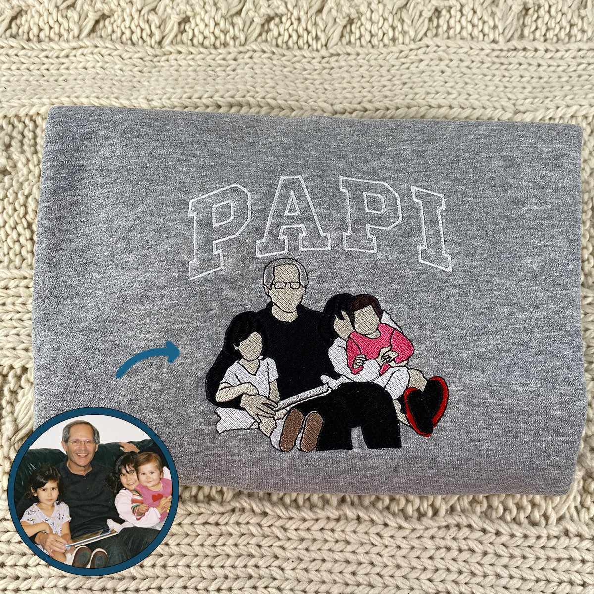 Custom Embroidered Papi Photo Portrait Sweatshirt, Father's Day Gift, Birthday Gift Ideas