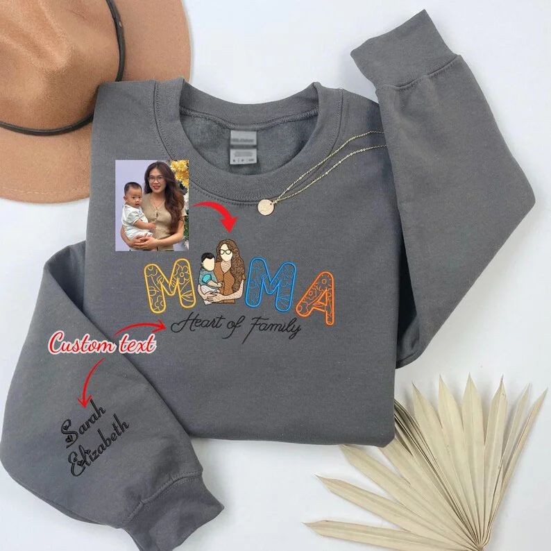 Custom Embroidered Portrait Photo Floral Mama Sweatshirt With Kids Names | Mother's Day Gift