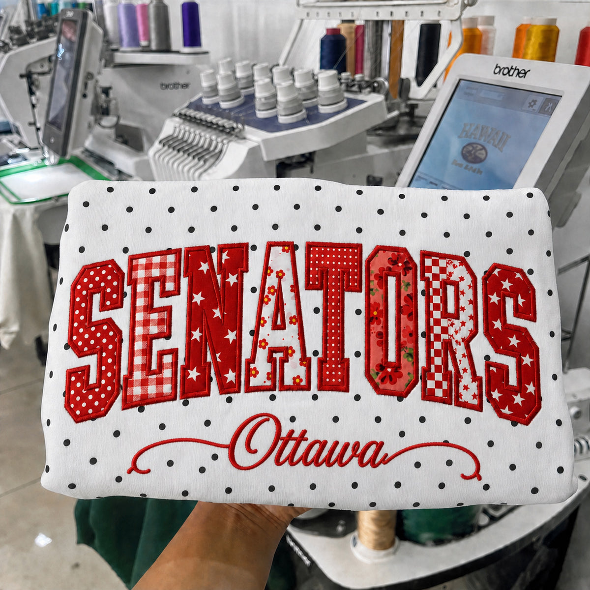 Custom Hockey Team Patchwork Embroidered Polka Dot Sweatshirt | Hockey Fan Game Day Gear