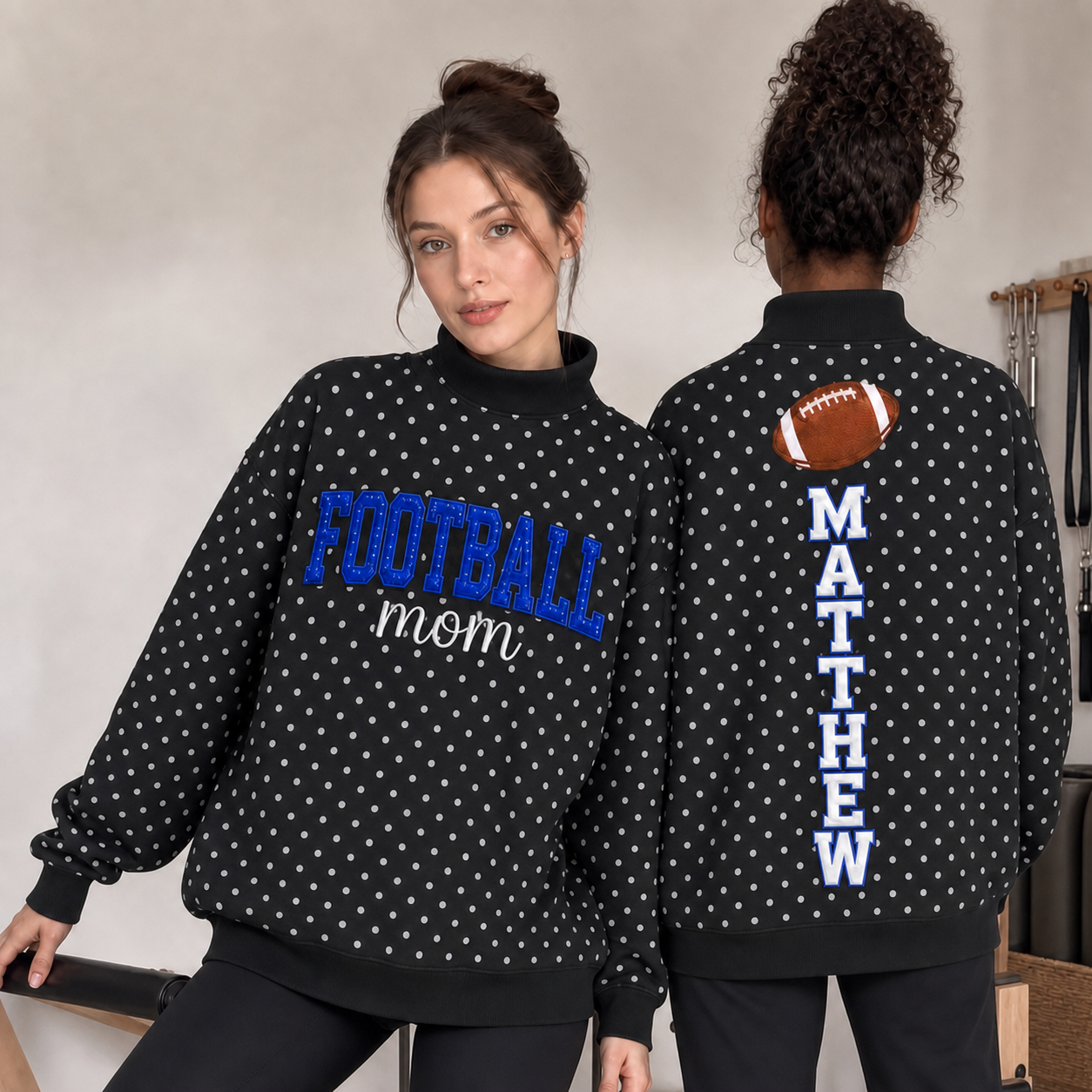 Custom Football Mom Mock Neck Sweatshirt – Personalized Name Polka Dot Game Day Pullover