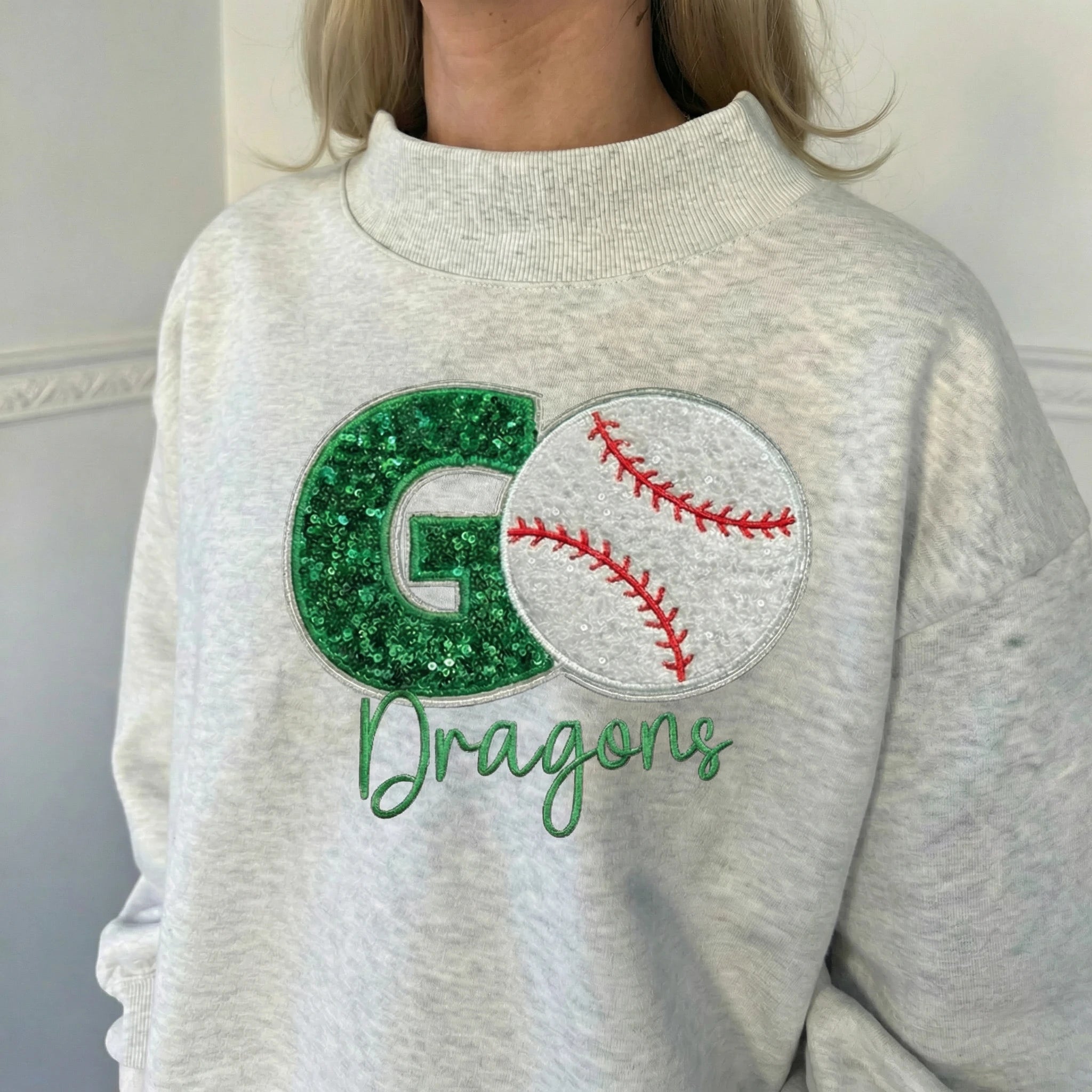 Custom Game Day Baseball Mockneck Sweatshirt – Sequin Varsity Letter